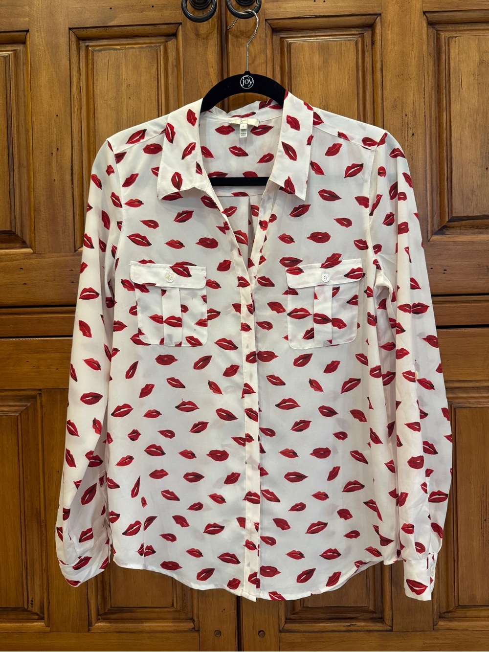 Joie White Blouse with Red Lip Print